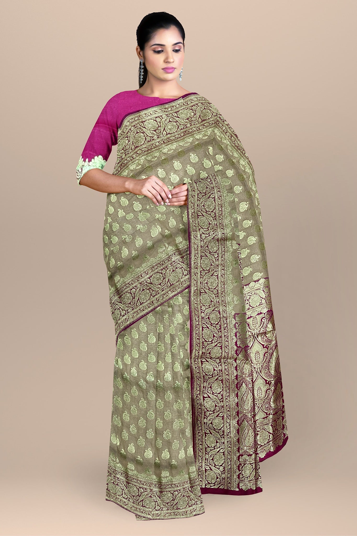 Elegant Cream Benarasi Saree with Golden Buta, Floral Kalka, and Rani Contrast