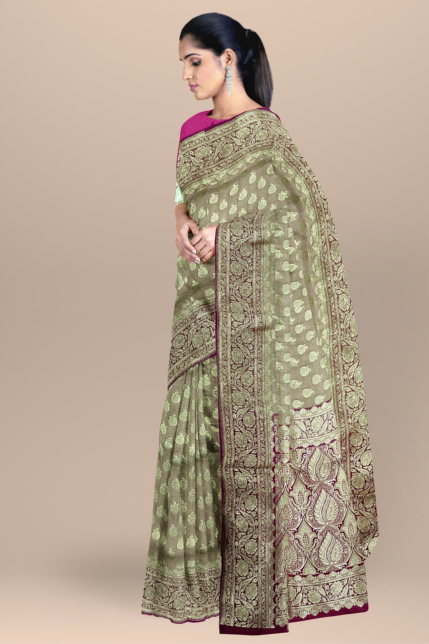 Elegant Cream Benarasi Saree with Golden Buta, Floral Kalka, and Rani Contrast