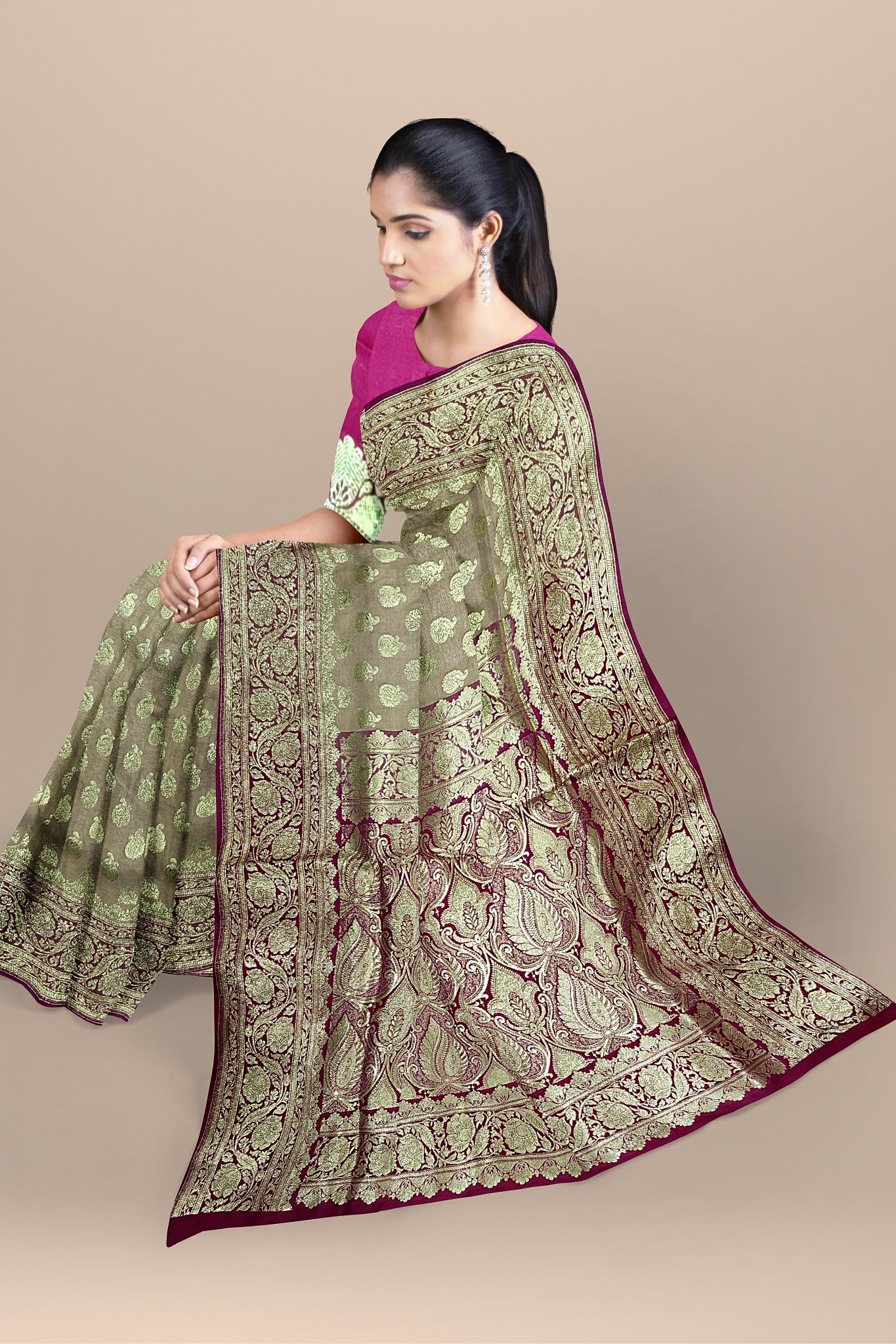 Elegant Cream Benarasi Saree with Golden Buta, Floral Kalka, and Rani Contrast