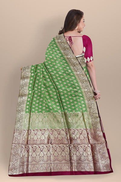 Exquisite Olive Green Benarasi Saree with Golden Buta, Rani Contrast, and Blouse