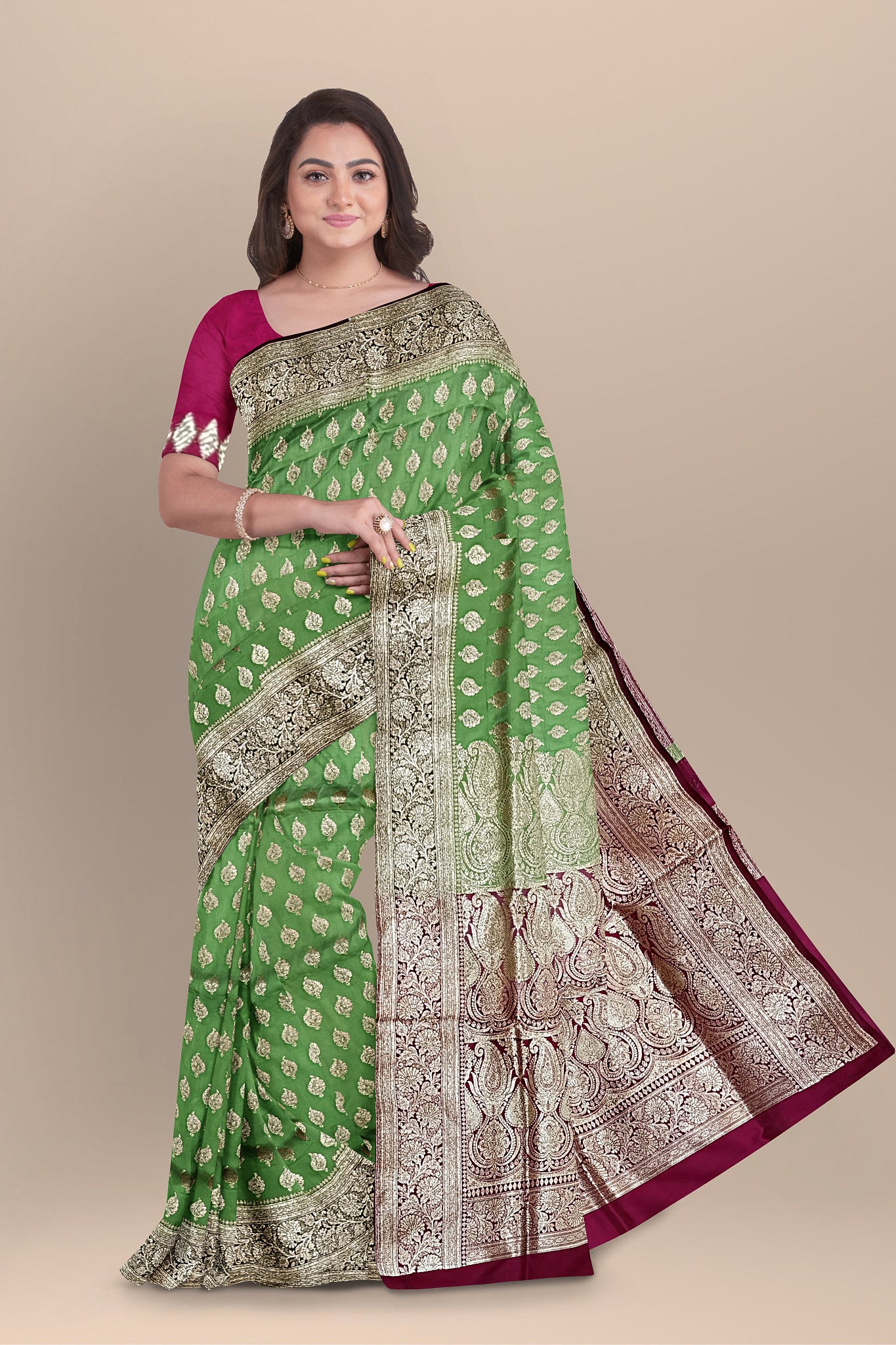 Exquisite Olive Green Benarasi Saree with Golden Buta, Rani Contrast, and Blouse