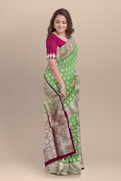 Exquisite Olive Green Benarasi Saree with Golden Buta, Rani Contrast, and Blouse