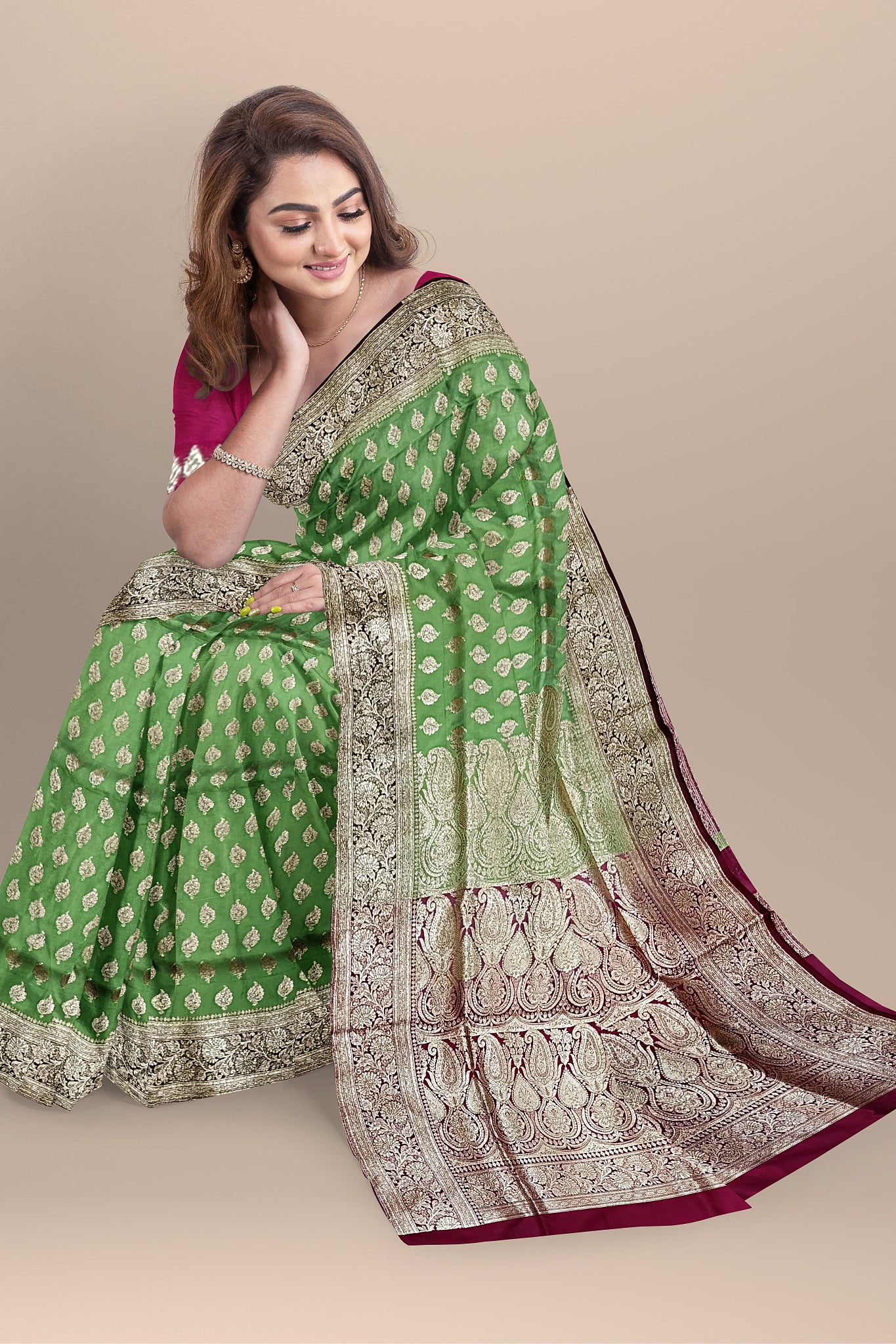 Exquisite Olive Green Benarasi Saree with Golden Buta, Rani Contrast, and Blouse