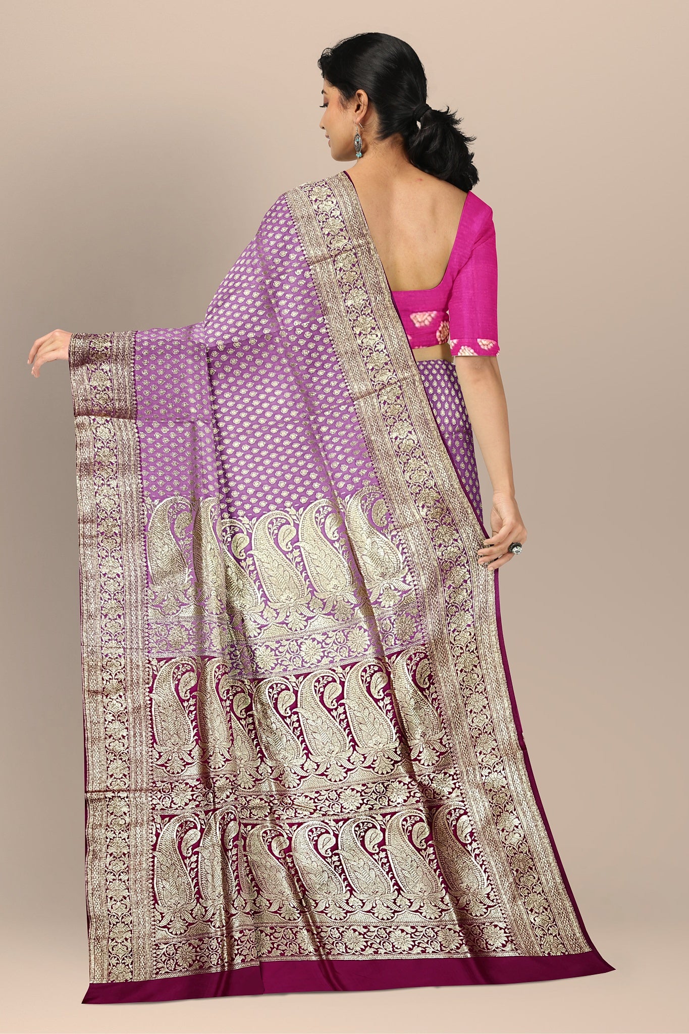 Charming Deep Pink Benarasi Saree with Golden Buta, Rani Pallu, and Blouse