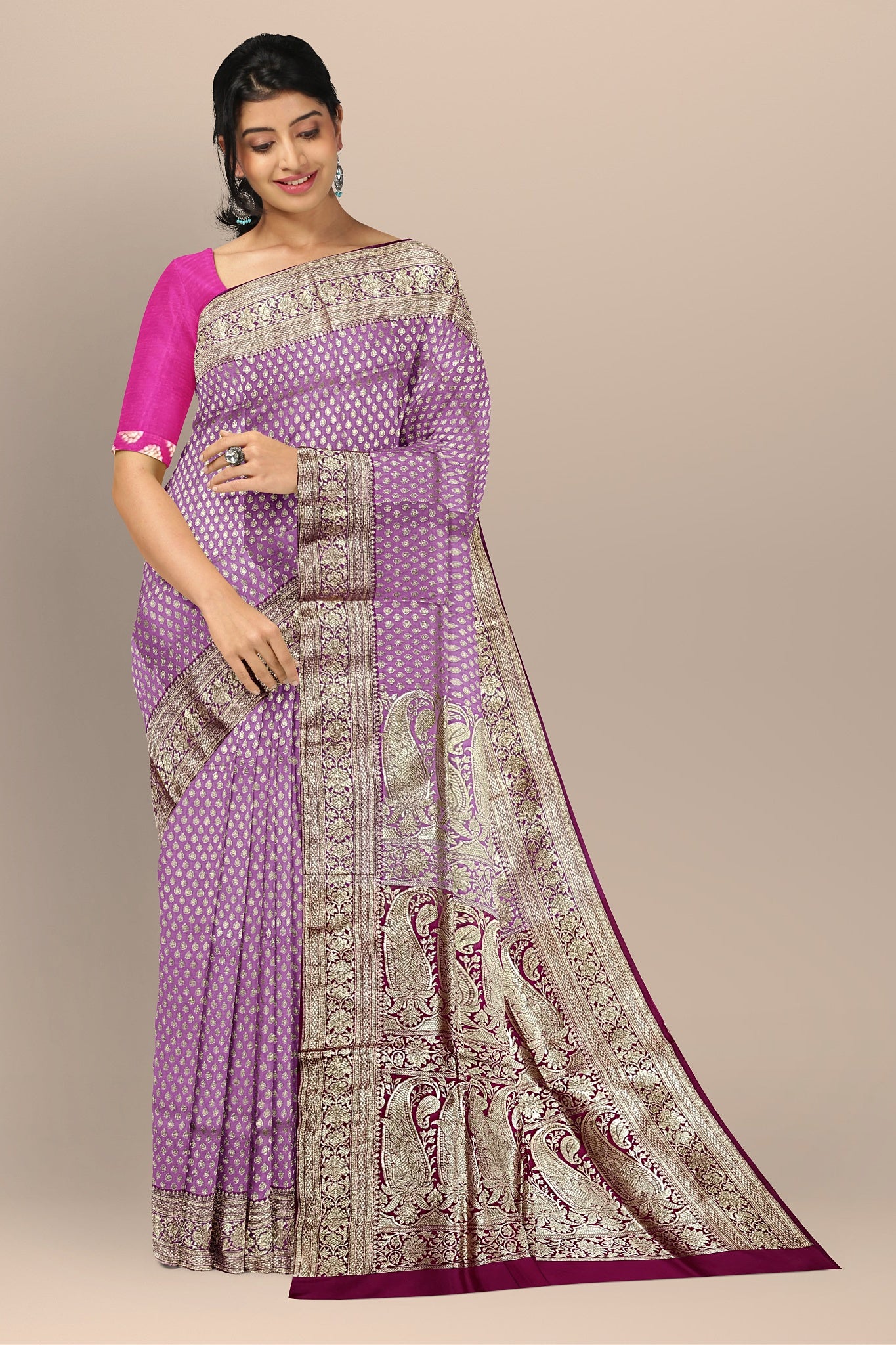 Charming Deep Pink Benarasi Saree with Golden Buta, Rani Pallu, and Blouse