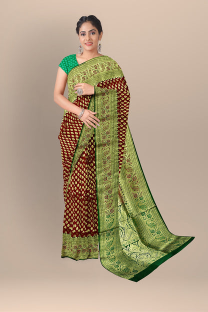 Fiery Red Benarasi Saree with Golden Buta, Green Pallu, and Zari Work.DN NO-2007