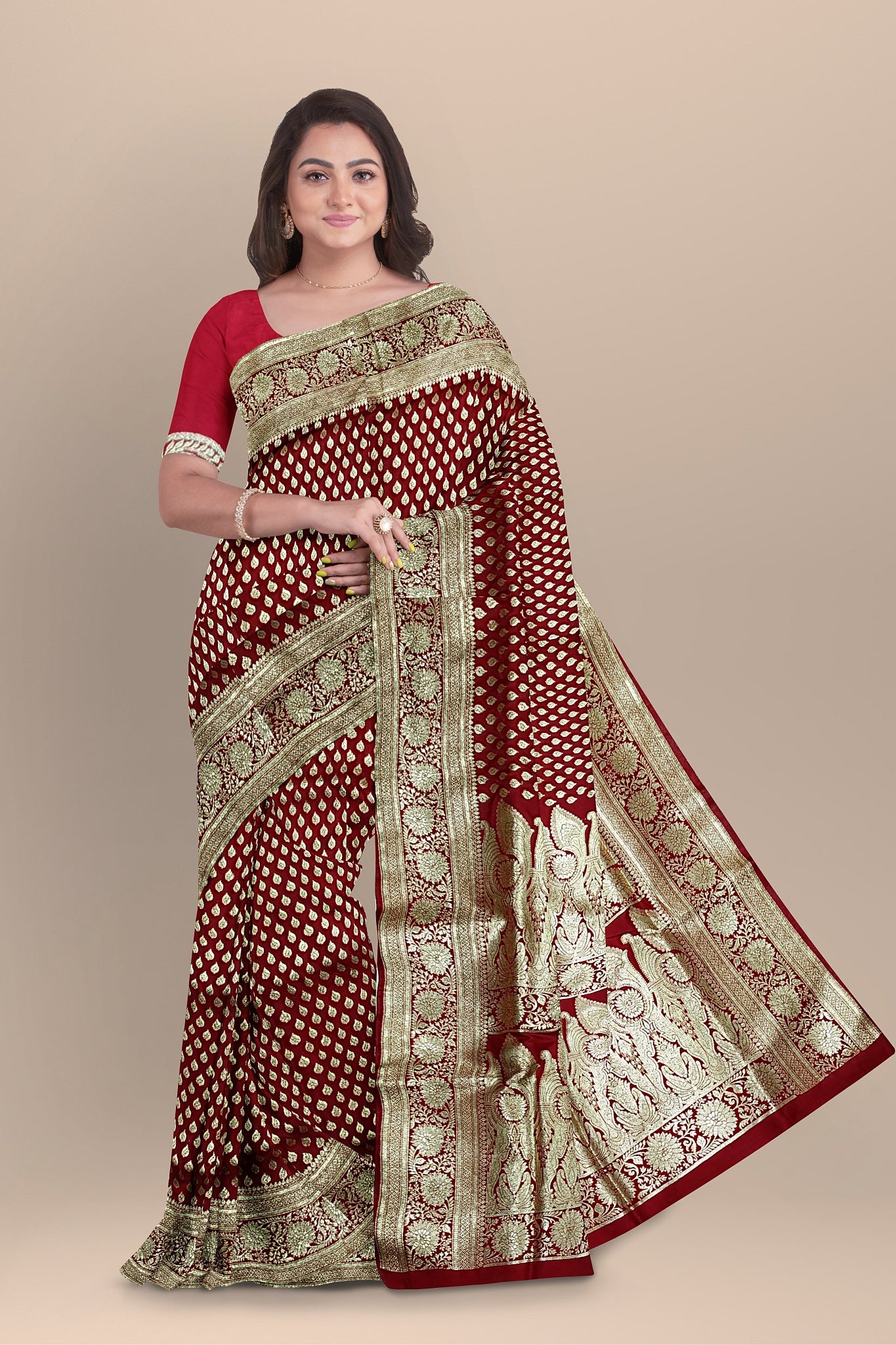 Classic Red Benarasi Saree with Golden Buta and Matching Blouse.DN NO-2002