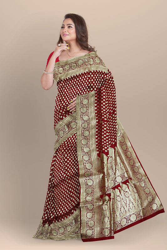 Classic Red Benarasi Saree with Golden Buta and Matching Blouse.DN NO-2002