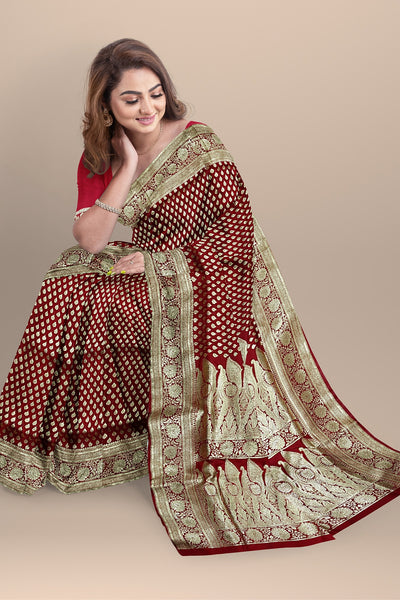 Classic Red Benarasi Saree with Golden Buta and Matching Blouse.DN NO-2002