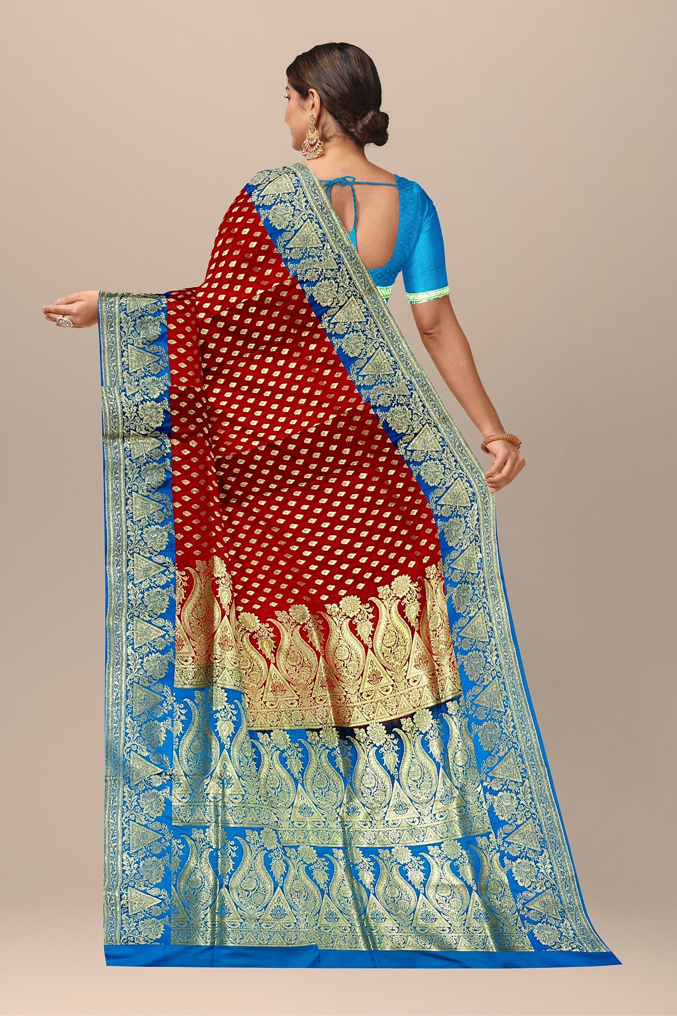 Striking Red and Firoza Benarasi Saree with Buta Work and Kalka Pallu.DN NO-2000