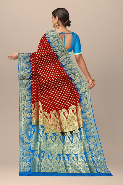 Striking Red and Firoza Benarasi Saree with Buta Work and Kalka Pallu.DN NO-2000