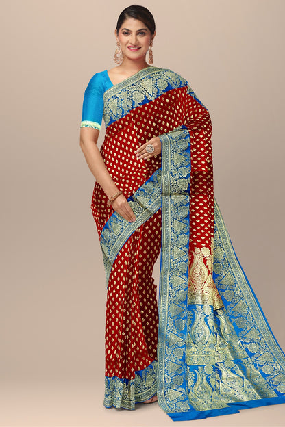 Striking Red and Firoza Benarasi Saree with Buta Work and Kalka Pallu.DN NO-2000