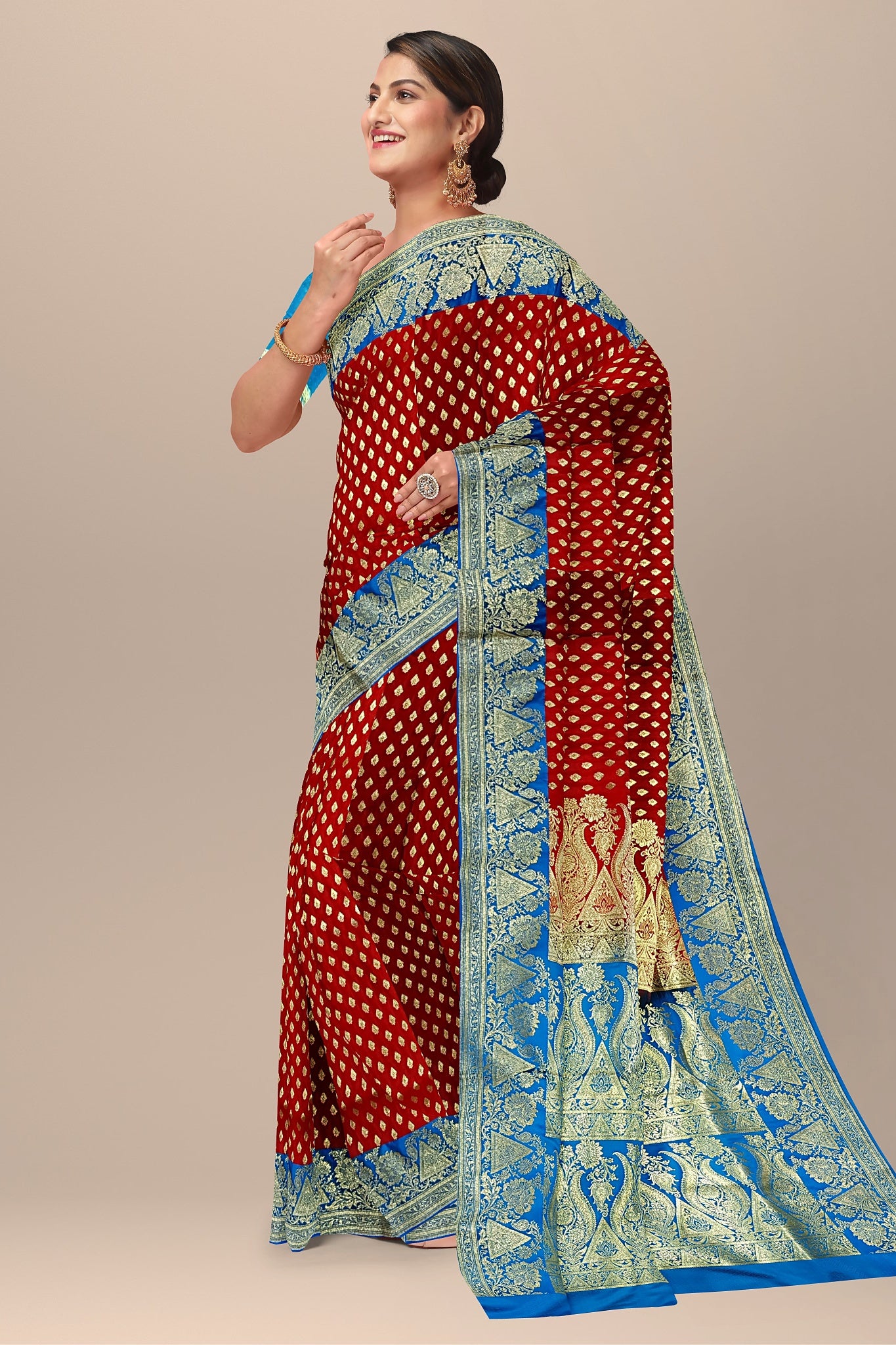 Striking Red and Firoza Benarasi Saree with Buta Work and Kalka Pallu.DN NO-2000