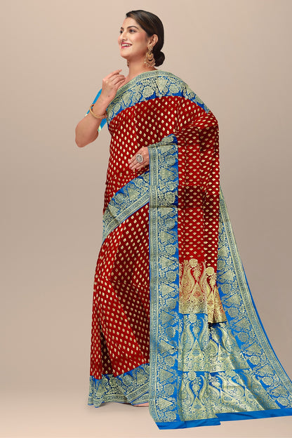 Striking Red and Firoza Benarasi Saree with Buta Work and Kalka Pallu.DN NO-2000