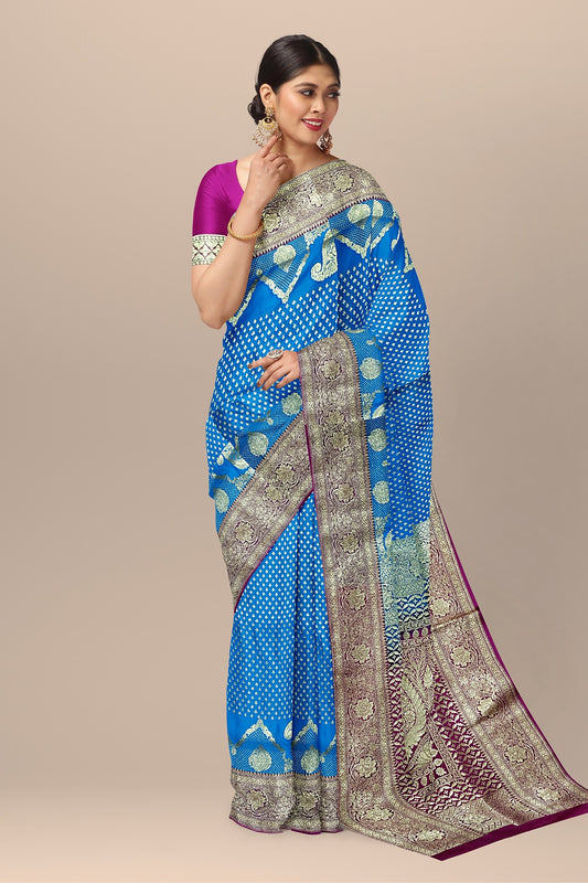 Breathtaking Firoza Benarasi Saree with Mini Buta, Floral Kalka Pallu, and Zari Work