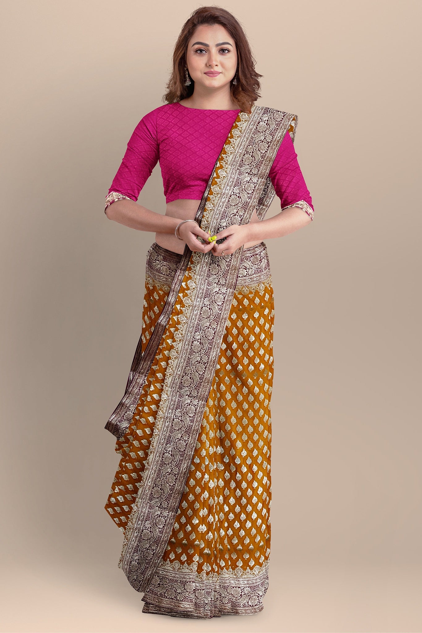 Radiant Golden Yellow Benarasi Saree with Buta, Kalka Pallu, and Rani Contrast