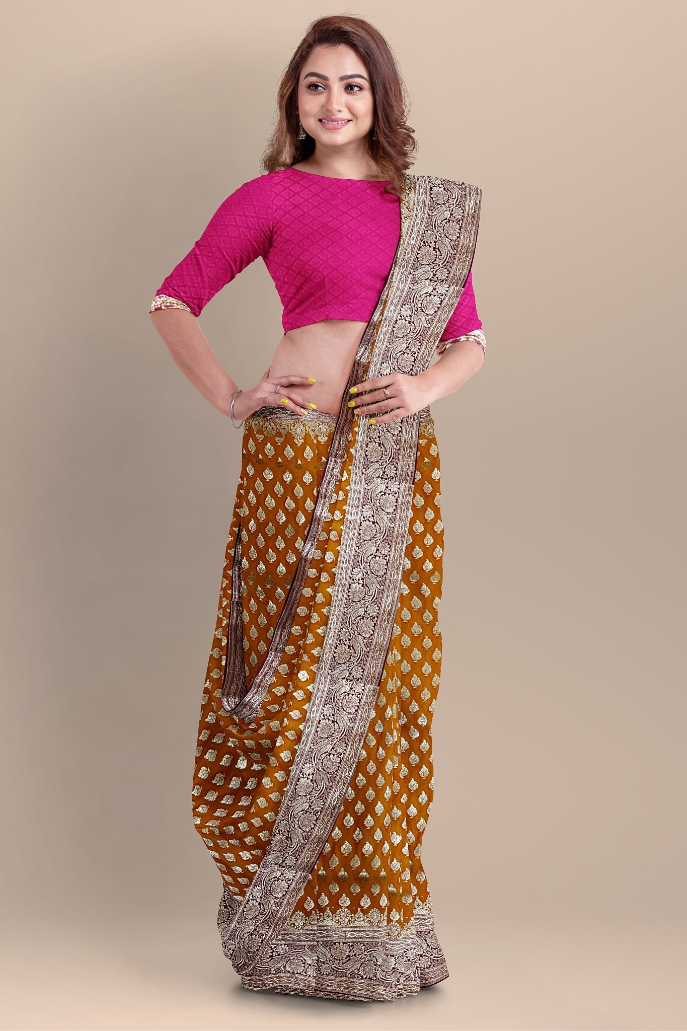 Radiant Golden Yellow Benarasi Saree with Buta, Kalka Pallu, and Rani Contrast