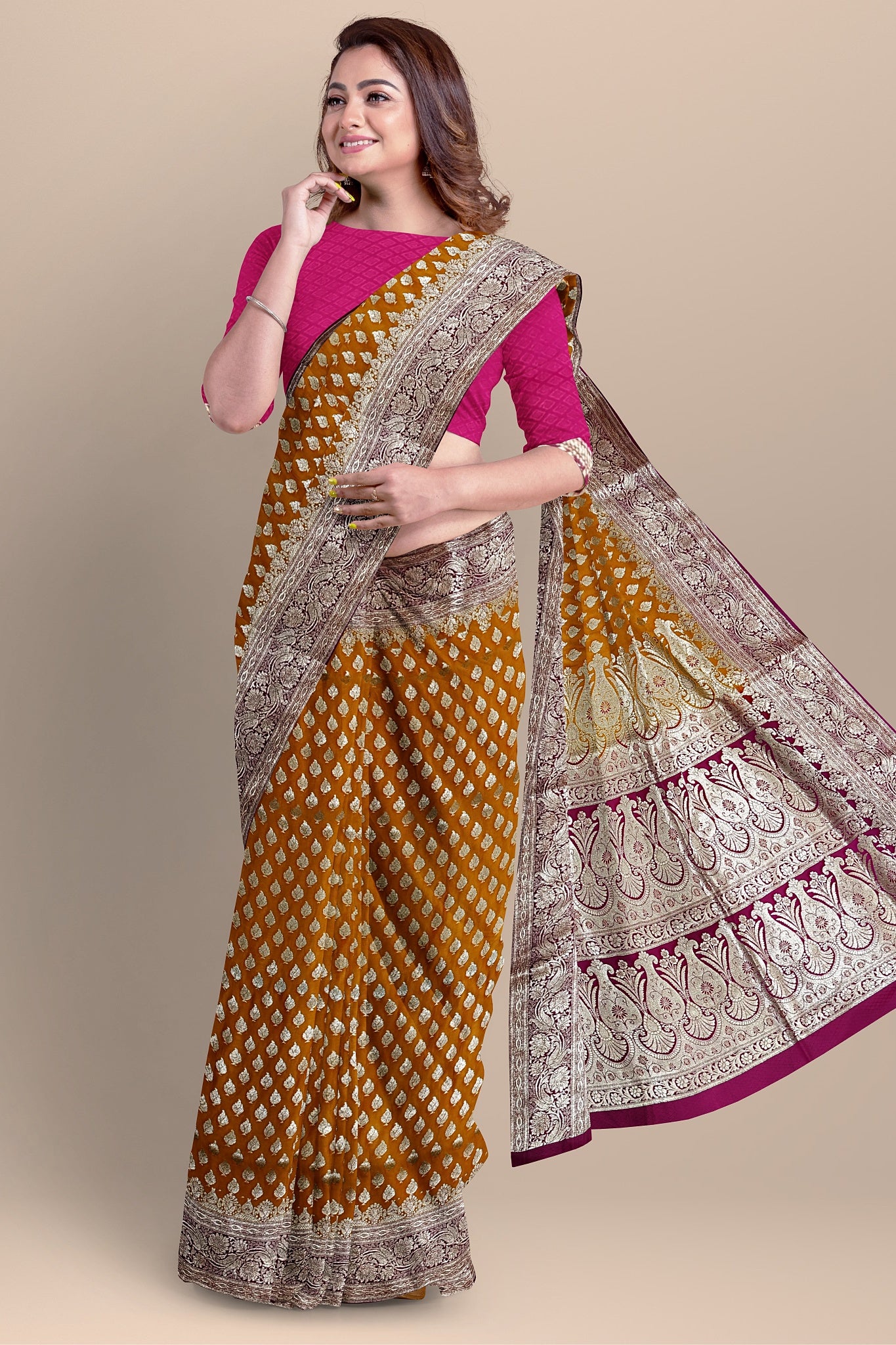 Radiant Golden Yellow Benarasi Saree with Buta, Kalka Pallu, and Rani Contrast