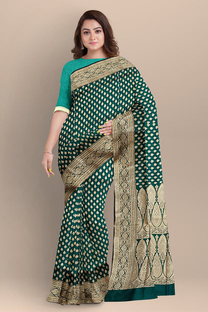 Enchanting Sea Green Benarasi Saree with Golden Zari and Matching Blouse Piece