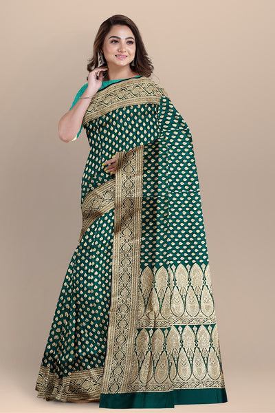 Enchanting Sea Green Benarasi Saree with Golden Zari and Matching Blouse Piece