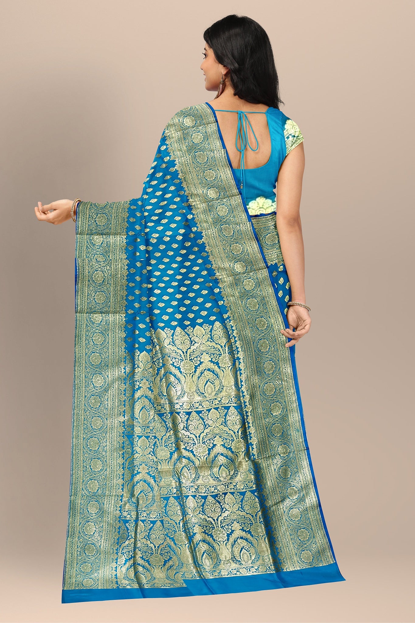 Enchanting Firoza Benarasi Saree with Golden Motifs and Matching Blouse Piece.DN NO-2009