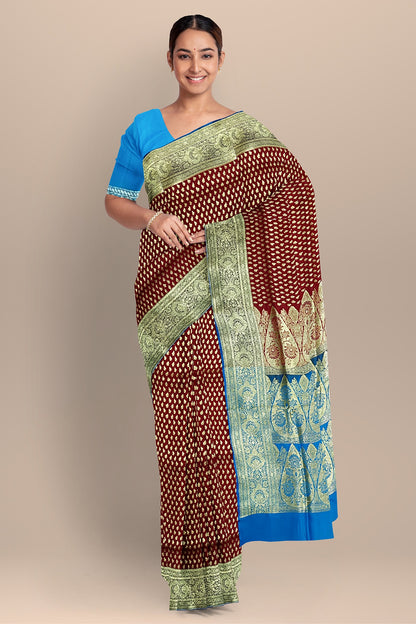 Fiery Red Benarasi Saree with Golden Buta and Firoza Contrast Pallu