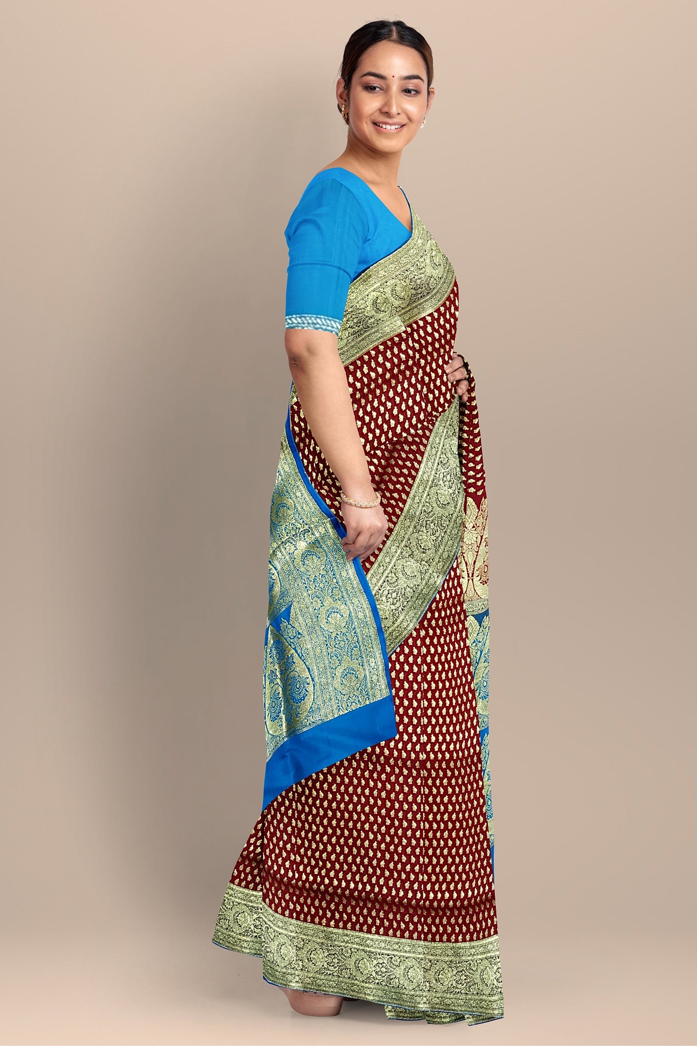 Fiery Red Benarasi Saree with Golden Buta and Firoza Contrast Pallu