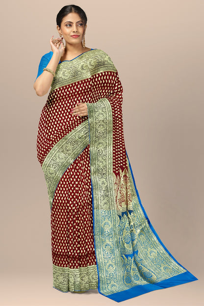 Fiery Red Benarasi Saree with Golden Buta and Firoza Contrast Pallu