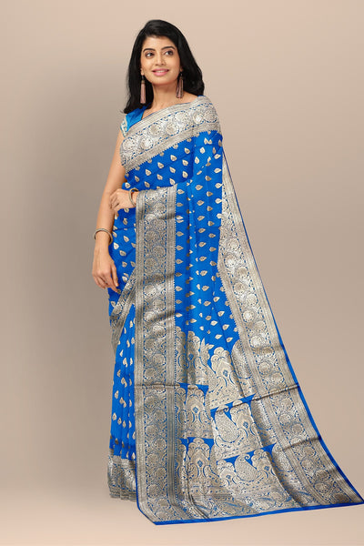 Breathtaking Firoza Benarasi Saree with Golden Motifs and Matching Blouse Piece