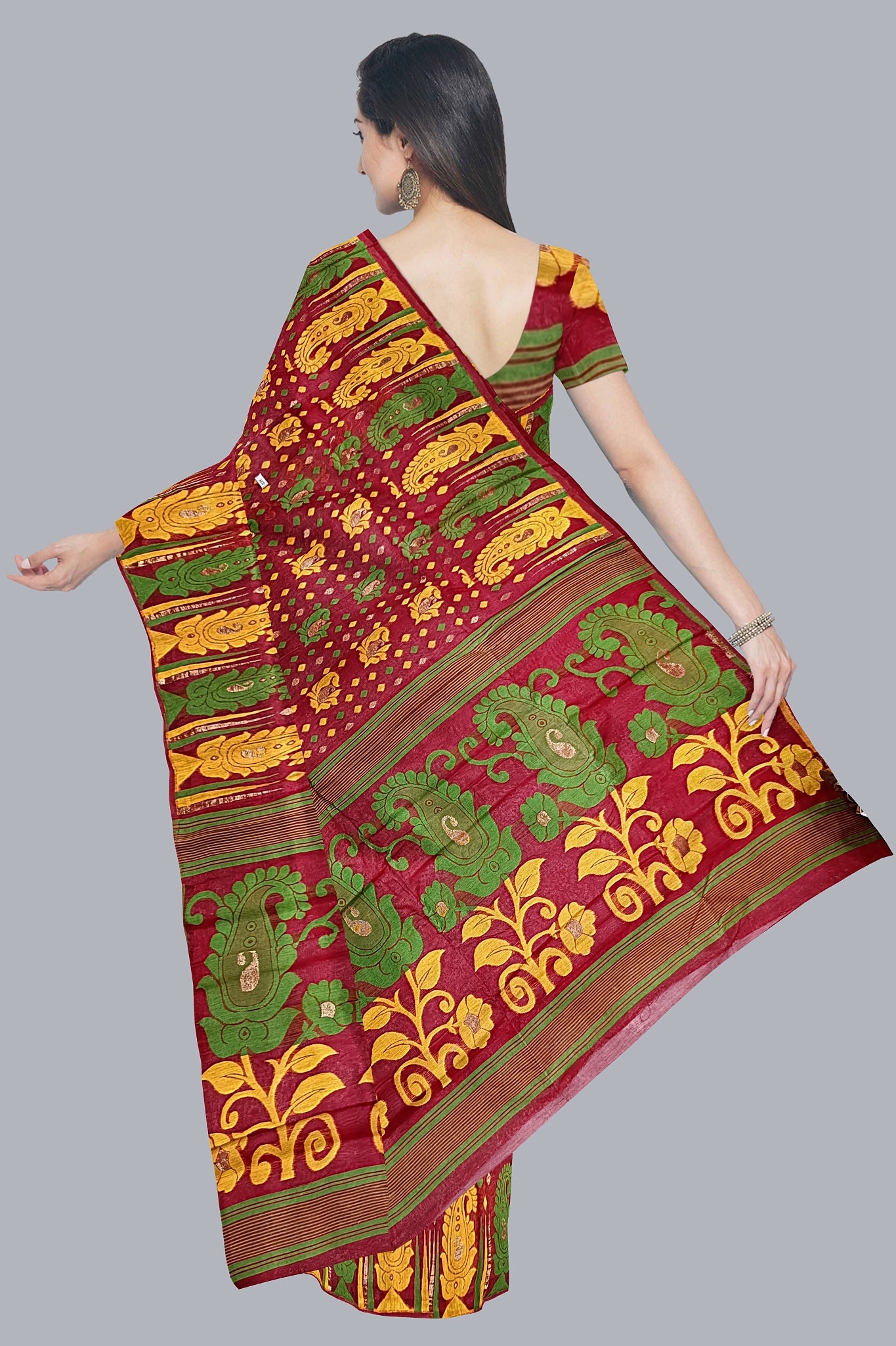 Striking Red Dhakai Jamdani Saree with Green and Yellow Kalka Design,DN NO-1100