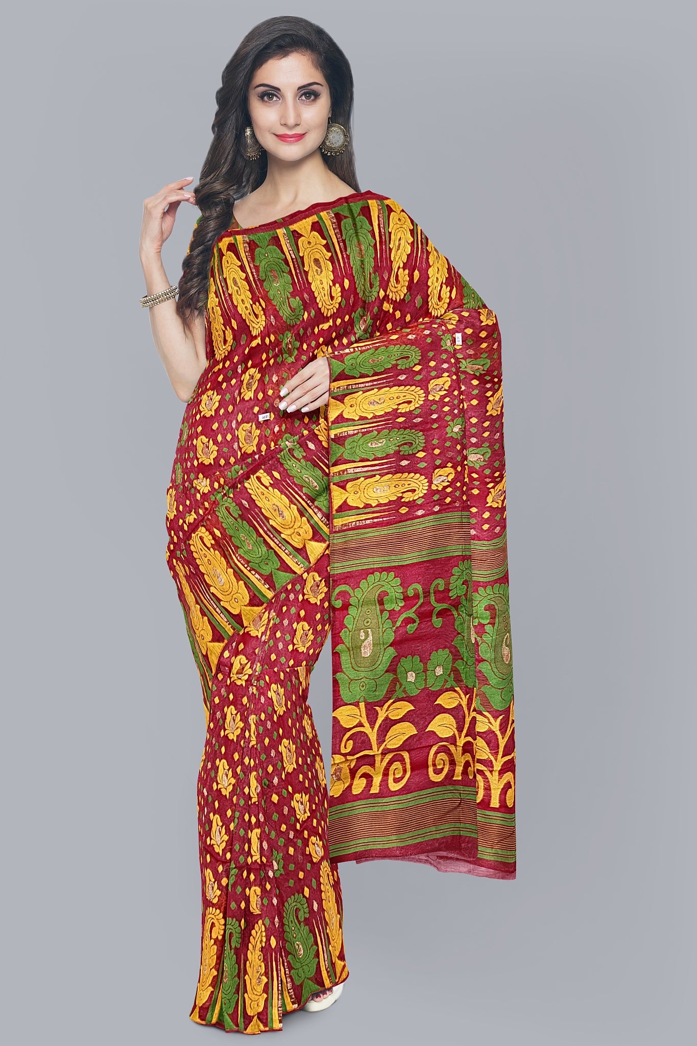 Striking Red Dhakai Jamdani Saree with Green and Yellow Kalka Design,DN NO-1100