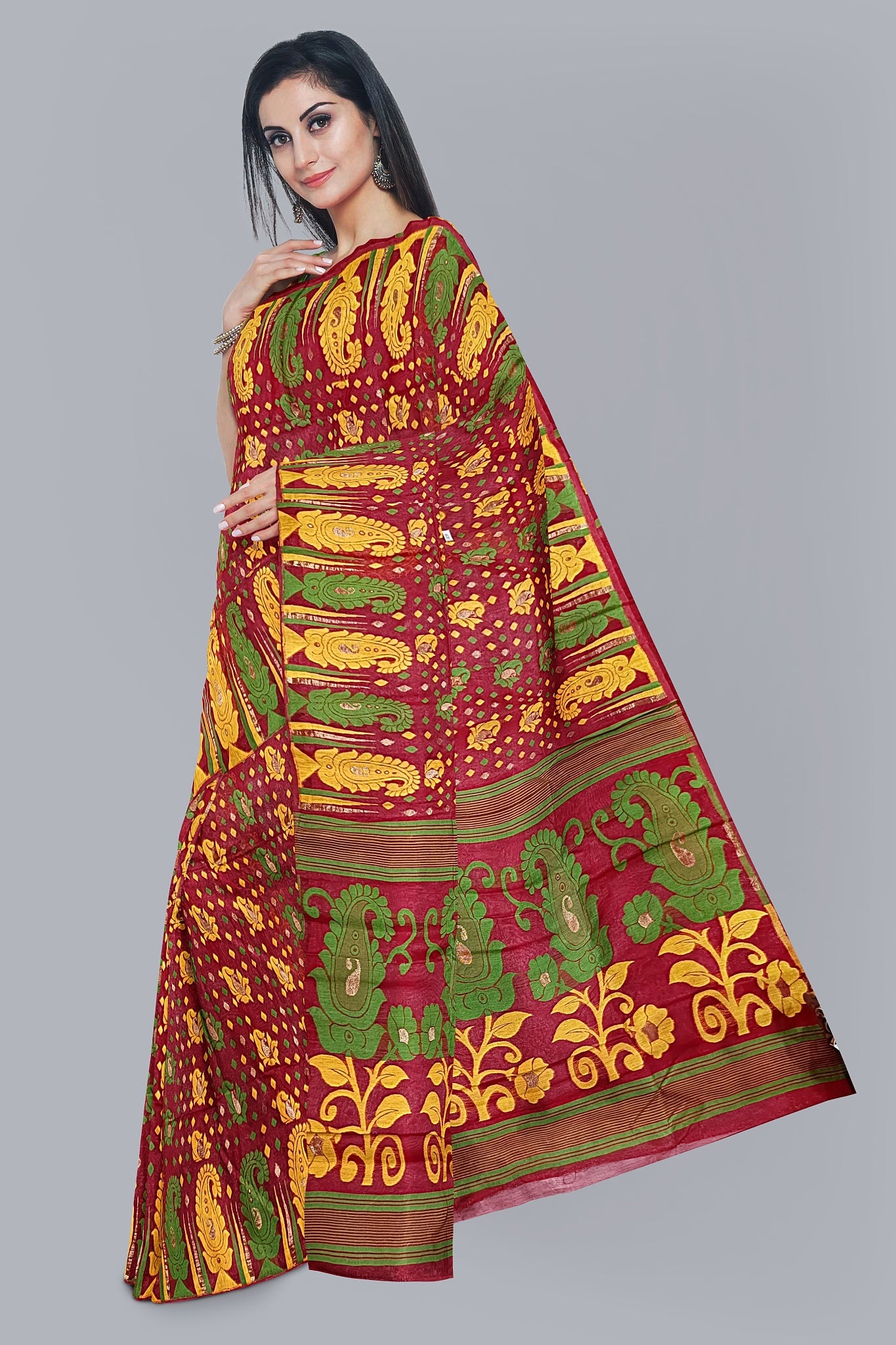 Striking Red Dhakai Jamdani Saree with Green and Yellow Kalka Design,DN NO-1100