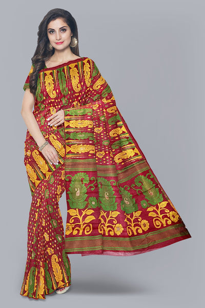 Striking Red Dhakai Jamdani Saree with Green and Yellow Kalka Design,DN NO-1100