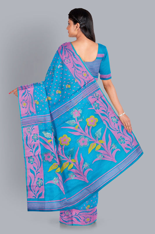 Enchanting Light Firoza Dhakai Jamdani Saree with Pink Small Buta and Big Tree Design,DN NO-1105