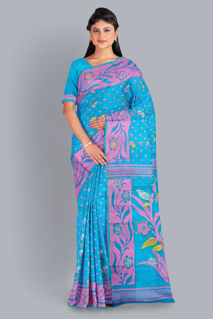 Enchanting Light Firoza Dhakai Jamdani Saree with Pink Small Buta and Big Tree Design,DN NO-1105