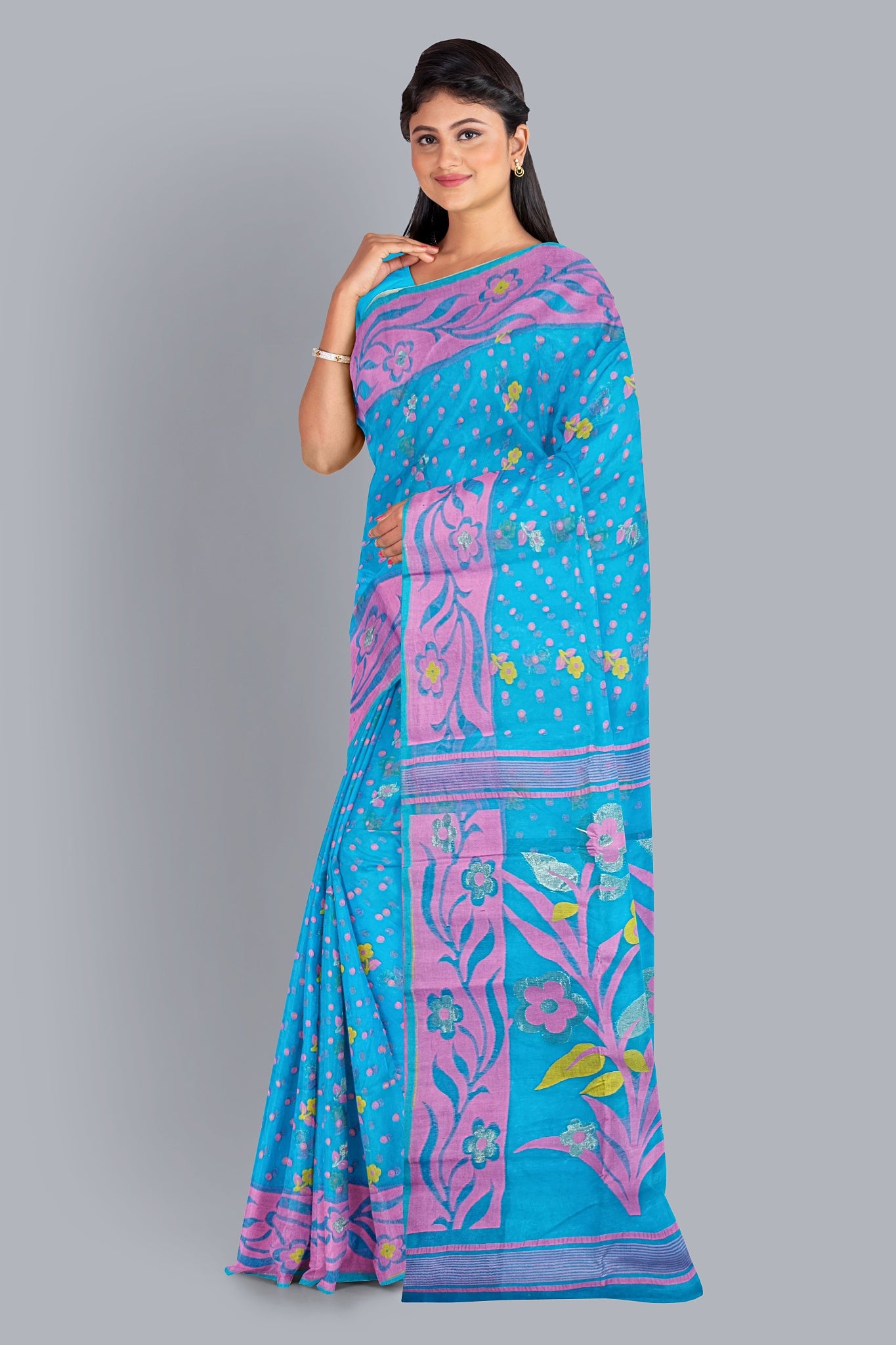 Enchanting Light Firoza Dhakai Jamdani Saree with Pink Small Buta and Big Tree Design,DN NO-1105