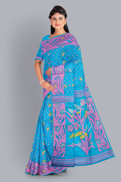Enchanting Light Firoza Dhakai Jamdani Saree with Pink Small Buta and Big Tree Design,DN NO-1105