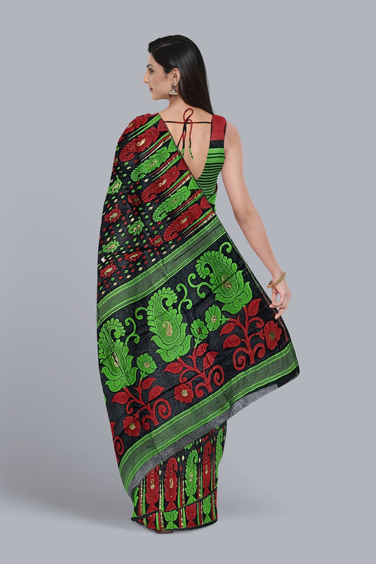 Regal Black Dhakai Jamdani Saree with Red and Green Contrast Kalka Design,DN NO-1098