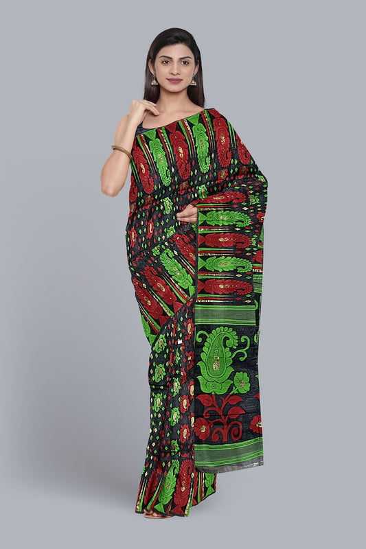 Regal Black Dhakai Jamdani Saree with Red and Green Contrast Kalka Design,DN NO-1098