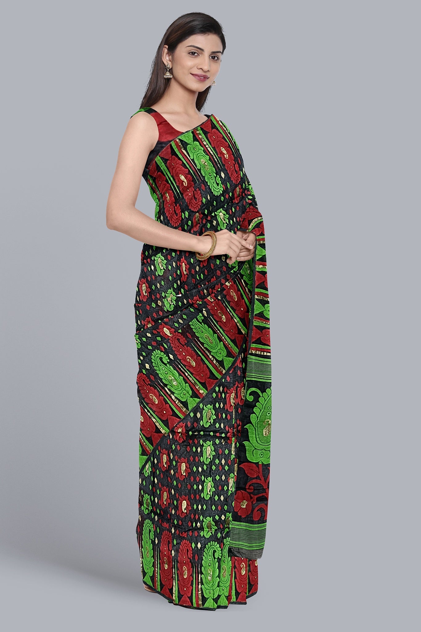 Regal Black Dhakai Jamdani Saree with Red and Green Contrast Kalka Design,DN NO-1098