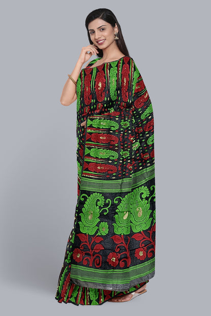 Regal Black Dhakai Jamdani Saree with Red and Green Contrast Kalka Design,DN NO-1098