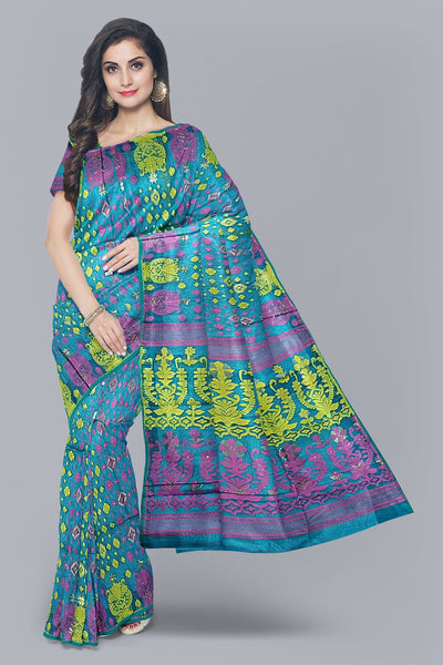 Enchanting Sea Green Dhakai Jamdani Saree with Rani and Yellow Accents