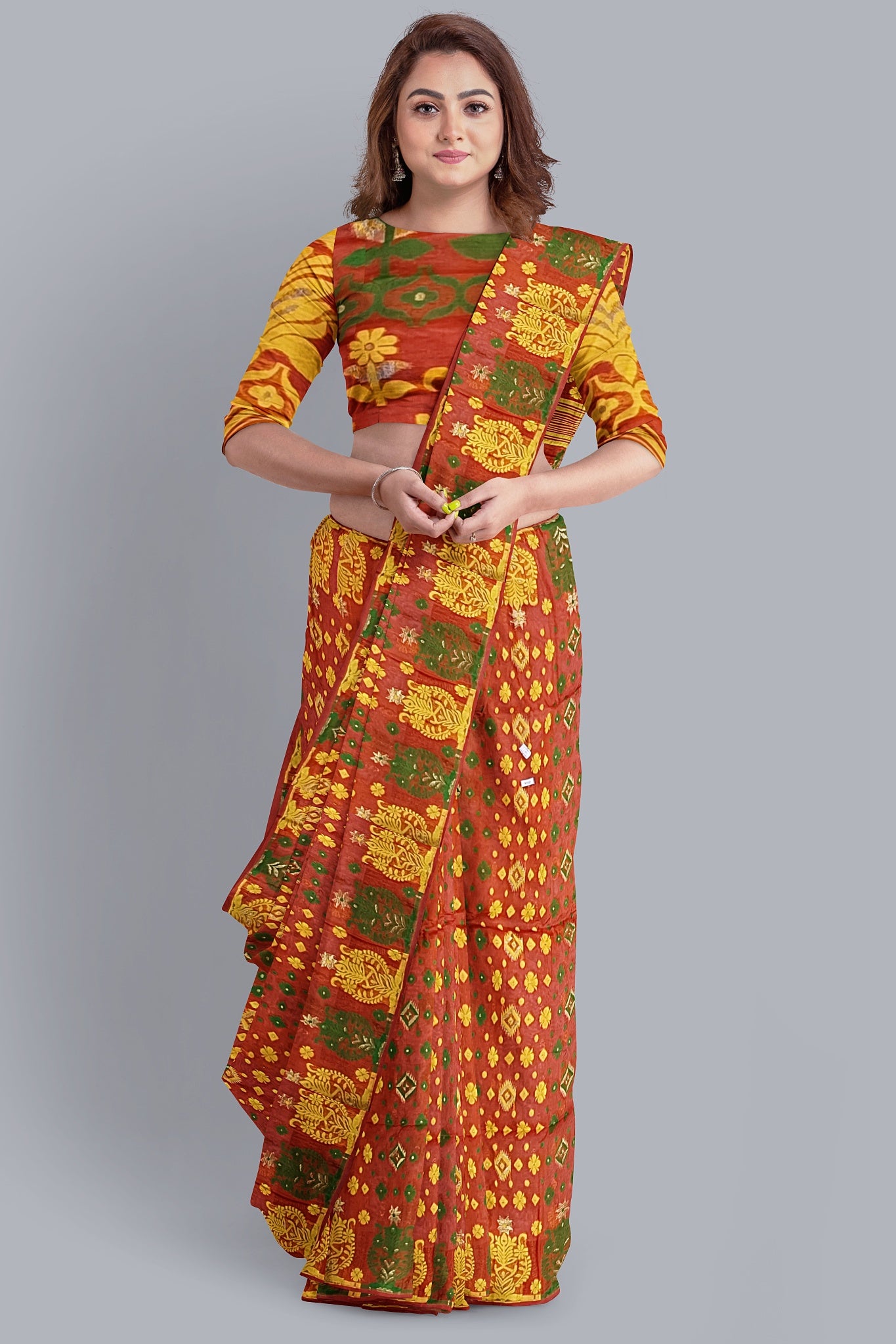 Vibrant Orange Dhakai Jamdani Saree with Green and Yellow Accents