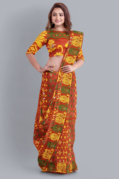 Vibrant Orange Dhakai Jamdani Saree with Green and Yellow Accents