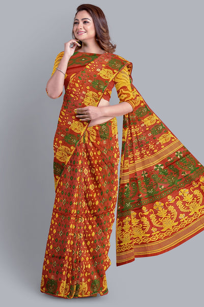 Vibrant Orange Dhakai Jamdani Saree with Green and Yellow Accents