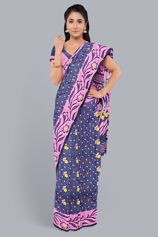 Sophisticated Navy Blue Dhakai Jamdani Saree with Pink Accents,DN NO-1104