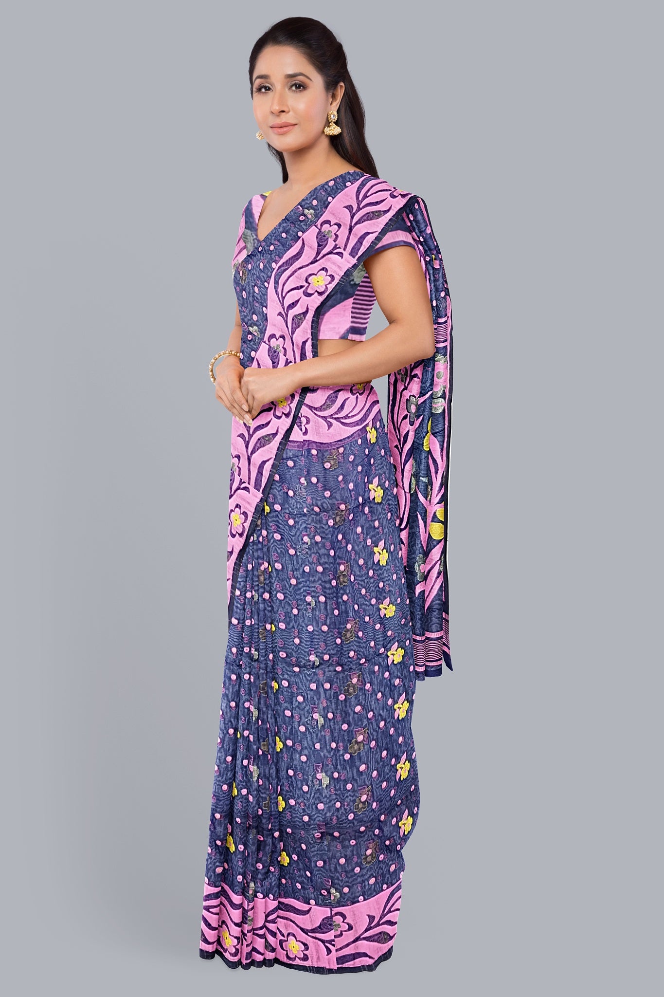 Sophisticated Navy Blue Dhakai Jamdani Saree with Pink Accents,DN NO-1104