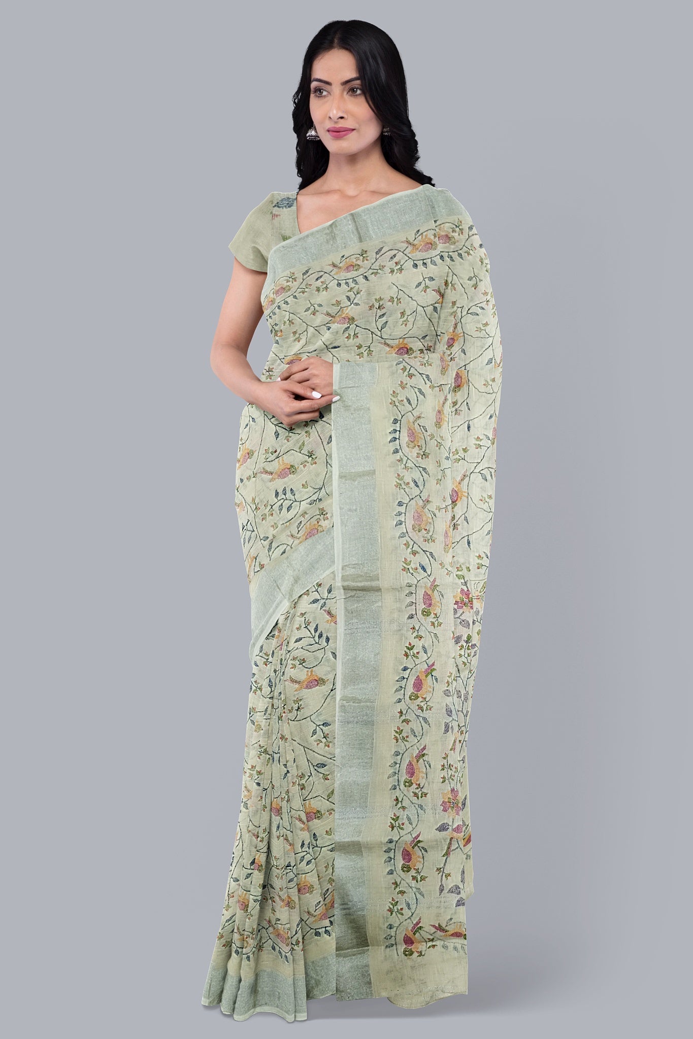 Elegant Handloom Saree in Cream with Navy Blue Tree Design.DN NO.-1070