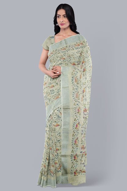 Elegant Handloom Saree in Cream with Navy Blue Tree Design.DN NO.-1070
