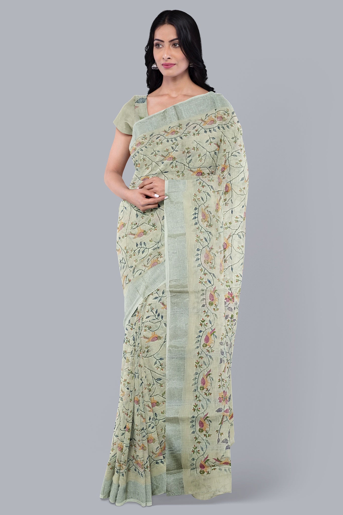 Elegant Handloom Saree in Cream with Navy Blue Tree Design